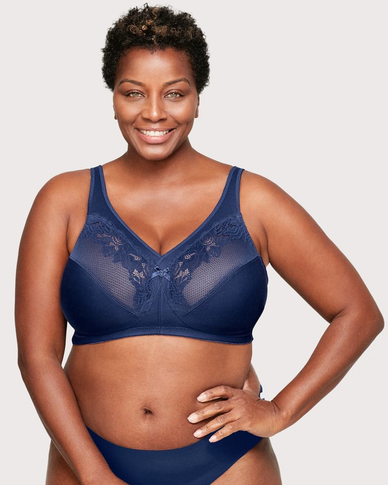 Front of a model wearing a size 38I MagicLift Minimizer Bra in Blue by Glamorise. | dia_product_style_image_id:262765
